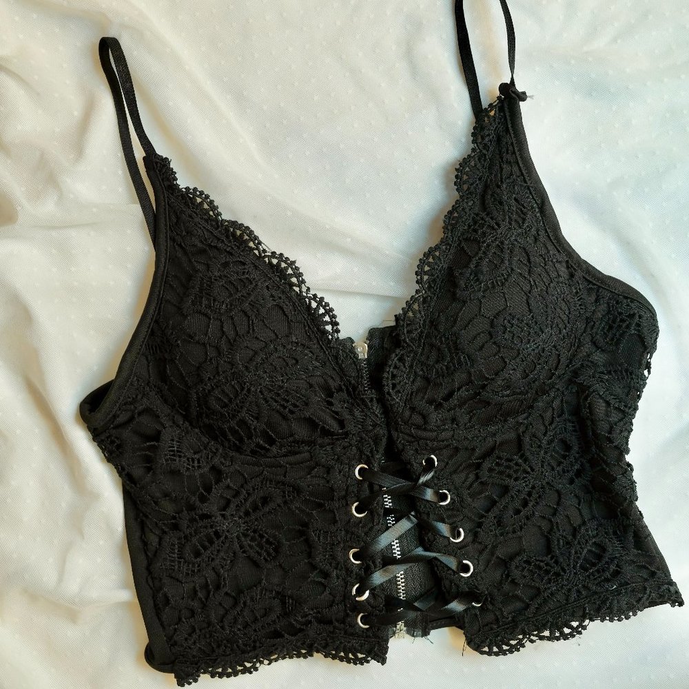 Black Floral Lace Up Crop Top